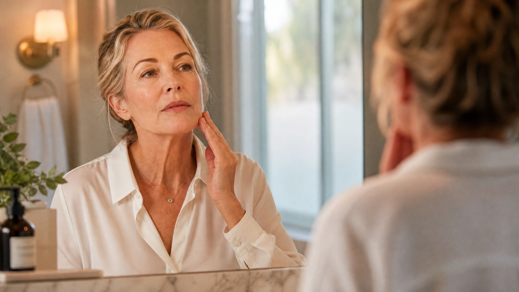 A woman in her late 50s examining her face in a bathroom mirror, gently touching her cheek to assess her skin and jawline — illustrating a self-assessment moment for facelift candidacy.